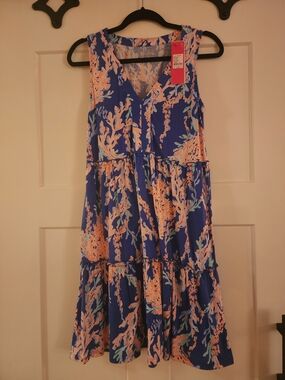 Lilly Pulitzer "Borealis Blue" Sleeveless Blue Coral-Print Tiered Summer Dress